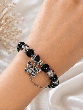 Black Butterfly Beaded Glass Bracelet Crackle Stretch Charm Crystal Silver Tone